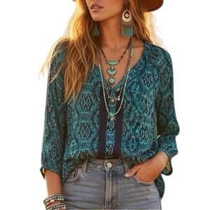 Lucky Brand Blue Lace Accent Ethnic V Neck Pullover Bohemian Flowy Top Large
